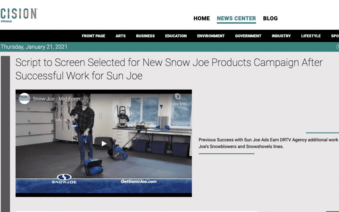 Script to Screen Selected for New Snow Joe Products Campaign After Successful Work for Sun Joe